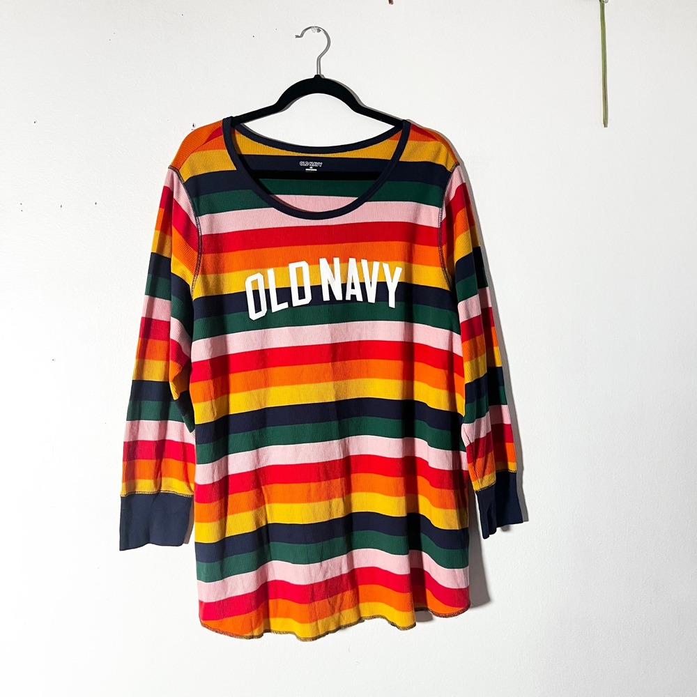 Old Navy Womens 4X Thermal Top Rainbow Stripe Waffle Knit Long Sleeve